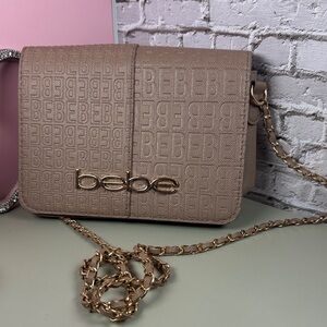 Bebe Beige Crossbody Bag with Gold Chain